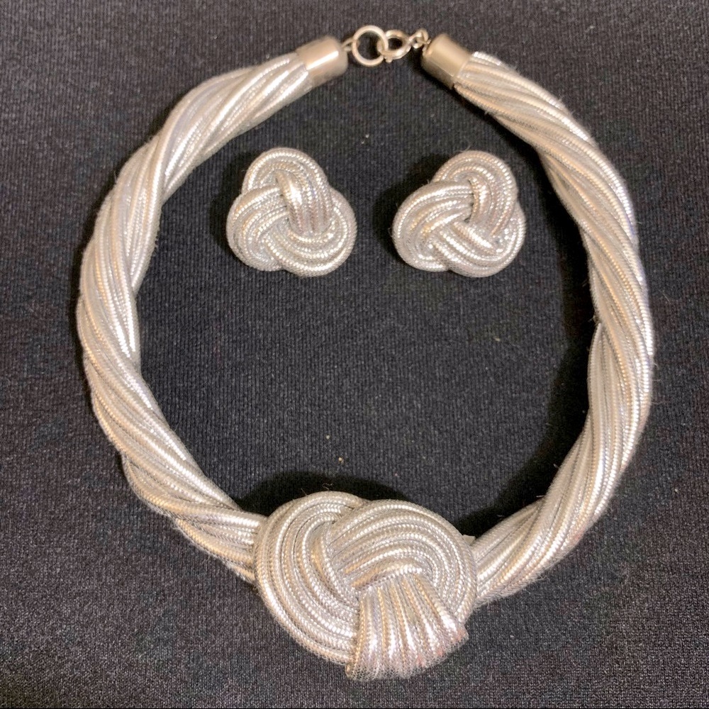 VINTAGE Silver Cord Strand Earrings/Choker Set